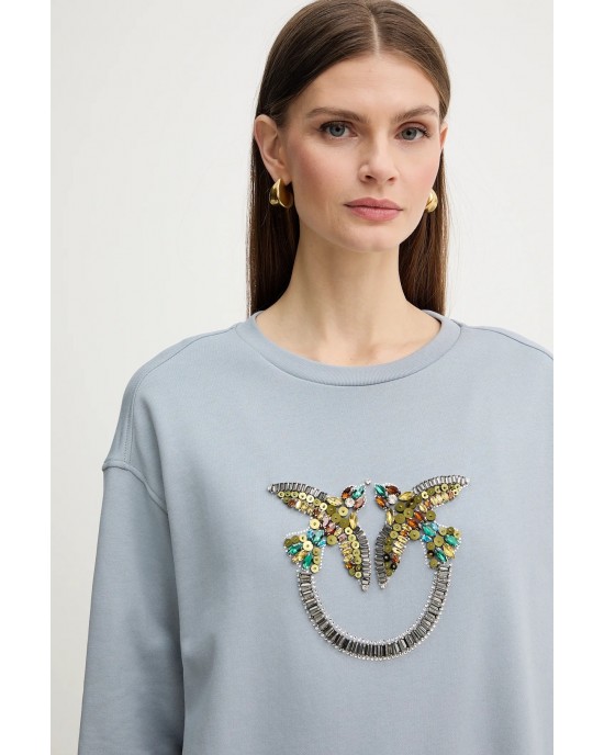 Pinko Nelly Sweatshirt Love Birds Jewel Maxi Embroidery Light Blue Μπλούζα