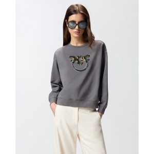 Pinko Nelly Sweatshirt Love Birds Jewel Maxi Embroidery Grey Μπλούζα