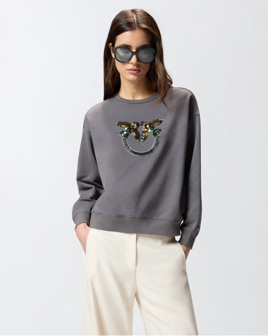 Pinko Nelly Sweatshirt Love Birds Jewel Maxi Embroidery Grey Μπλούζα