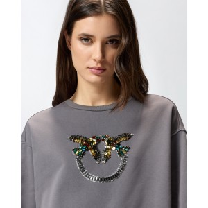 Pinko Nelly Sweatshirt Love Birds Jewel Maxi Embroidery Grey Μπλούζα