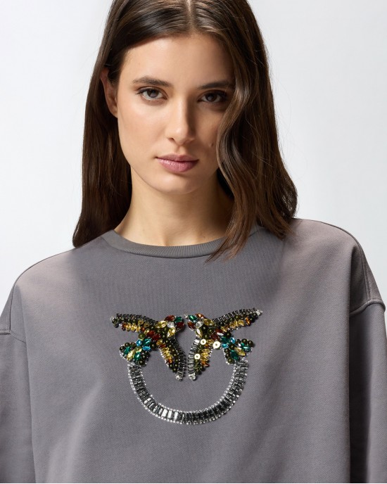 Pinko Nelly Sweatshirt Love Birds Jewel Maxi Embroidery Grey Μπλούζα