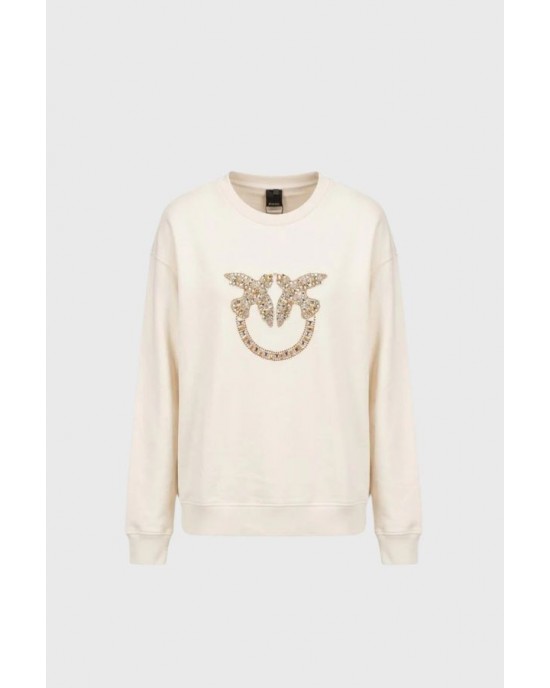 Pinko Nelly Sweatshirt Love Birds Jewel Maxi Embroidery Beige Μπλούζα
