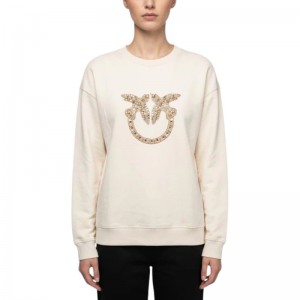 Pinko Nelly Sweatshirt Love Birds Jewel Maxi Embroidery Beige Μπλούζα