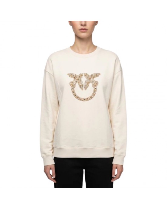 Pinko Nelly Sweatshirt Love Birds Jewel Maxi Embroidery Beige Μπλούζα
