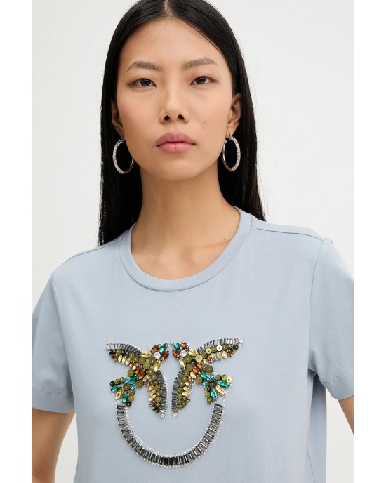 Pinko Quentin T-shirt Love Birds Jewel Maxi Embroidery Light Blue Μπλούζα
