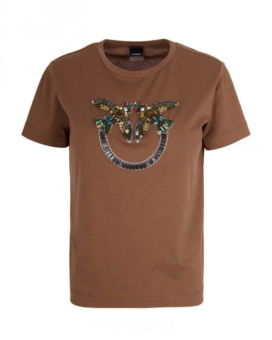 Pinko Quentin T-shirt Love Birds Jewel Maxi Embroidery Brown Μπλούζα