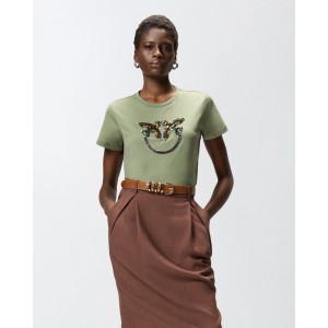 Pinko Quentin T-shirt Love Birds Jewel Maxi Embroidery Green Μπλούζα