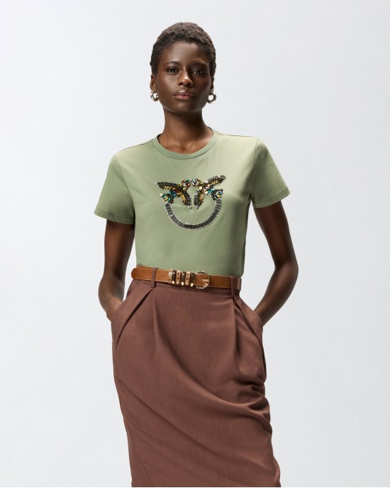 Pinko Quentin T-shirt Love Birds Jewel Maxi Embroidery Green Μπλούζα