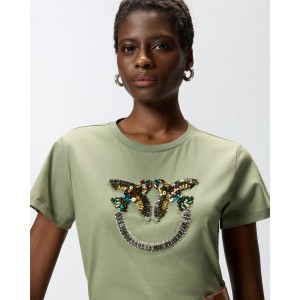 Pinko Quentin T-shirt Love Birds Jewel Maxi Embroidery Green Μπλούζα