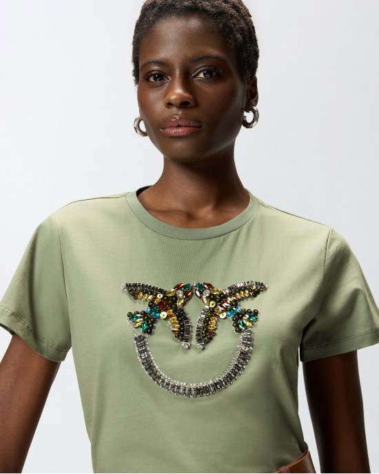 Pinko Quentin T-shirt Love Birds Jewel Maxi Embroidery Green Μπλούζα