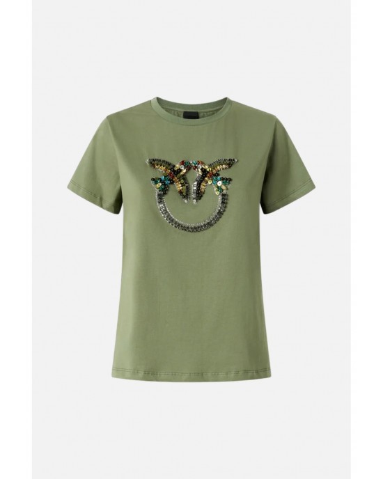 Pinko Quentin T-shirt Love Birds Jewel Maxi Embroidery Green Μπλούζα