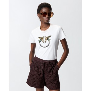 Pinko Quentin T-shirt Love Birds Jewel Maxi Embroidery White Μπλούζα