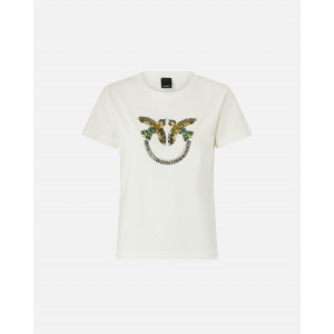 Pinko Quentin T-shirt Love Birds Jewel Maxi Embroidery White Μπλούζα