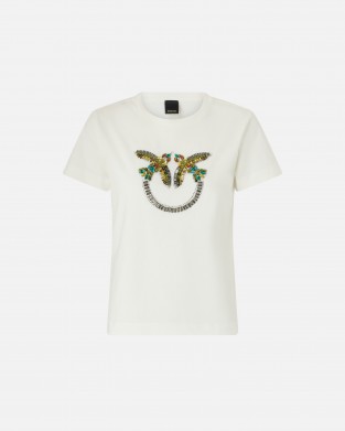 Pinko Quentin T-shirt With Love Birds Jewel Maxi Embroidery White Μπλούζα