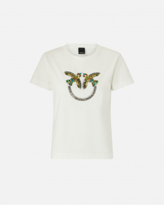 Pinko Quentin T-shirt With Love Birds Jewel Maxi Embroidery White Μπλούζα