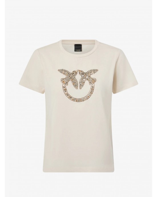 Pinko Quentin T-shirt Love Birds Jewel Maxi Embroidery Beige Μπλούζα
