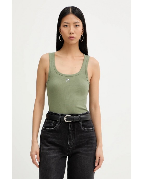 Pinko Calcolatore Vest Top With Love Birds Golden Detail Green Μπλούζα