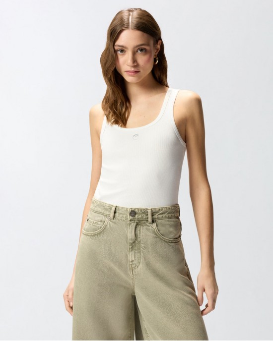 Pinko Calcolatore Vest Top With Love Birds Golden Detail White Μπλούζα