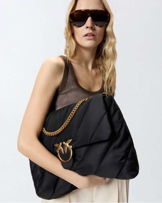 Pinko Extra Love Bag Puff Maxi Crossbody Quilted Nylon Black Τσάντα Ώμου