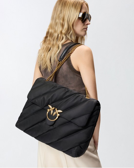Pinko Extra Love Bag Puff Maxi Crossbody Quilted Nylon Black Τσάντα Ώμου