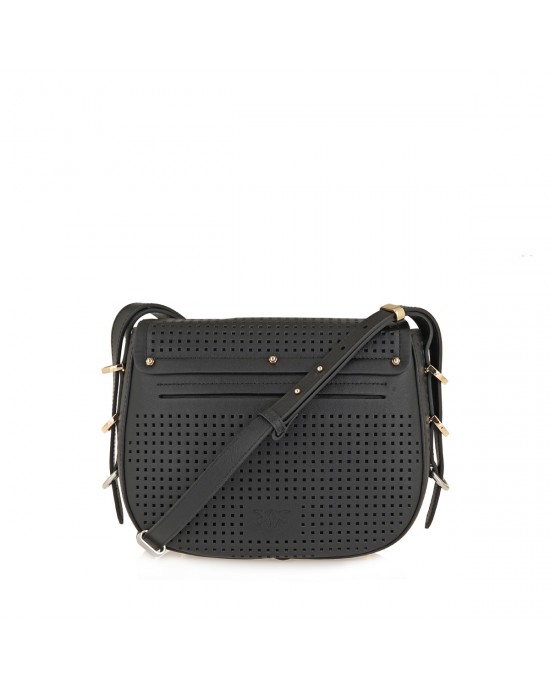 Pinko Saddle Classic Black Leather Τσάντα Ώμου