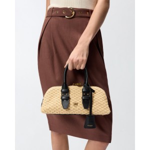 Pinko Bowling Escape Bag Horizontal Small Raffia Handbag Τσάντα Χειρός
