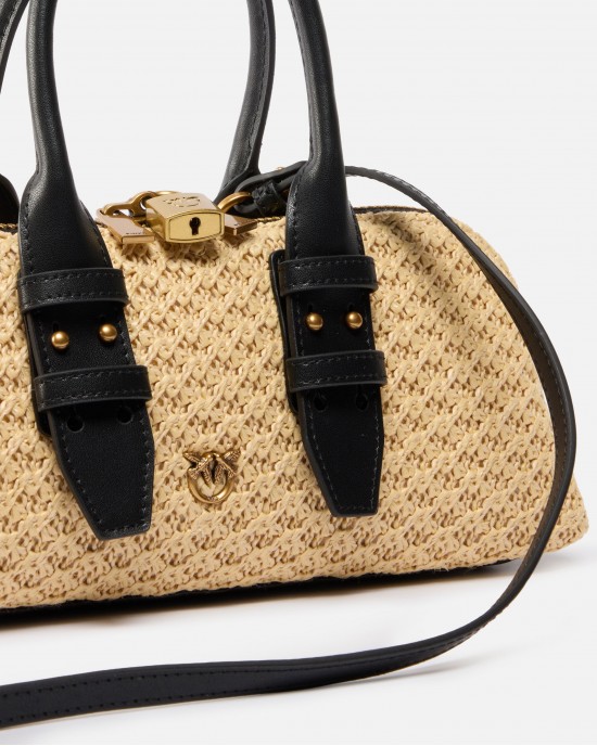 Pinko Bowling Escape Bag Horizontal Small Raffia Handbag Τσάντα Χειρός