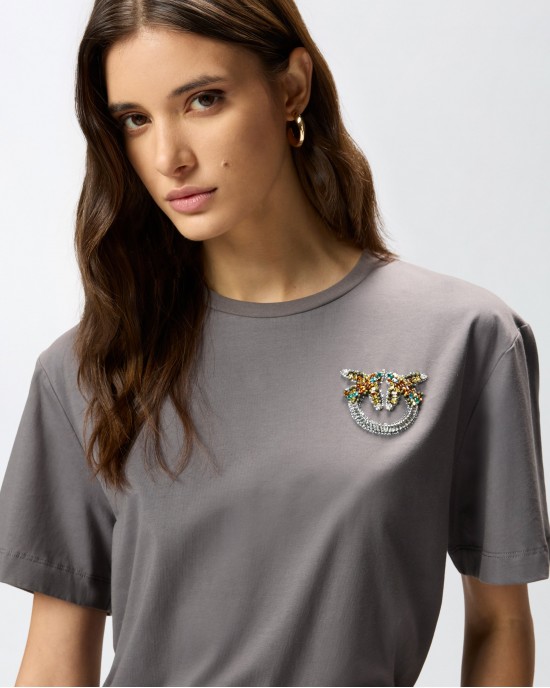 Pinko Strepitoso T-shirt Love Birds Jewel Detail Grey Μπλούζα