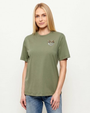 Pinko Strepitoso T-shirt Love Birds Jewel Detail Green Μπλούζα