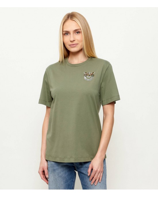 Pinko Strepitoso T-shirt Love Birds Jewel Detail Green Μπλούζα