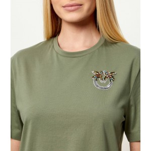 Pinko Strepitoso T-shirt Love Birds Jewel Detail Green Μπλούζα
