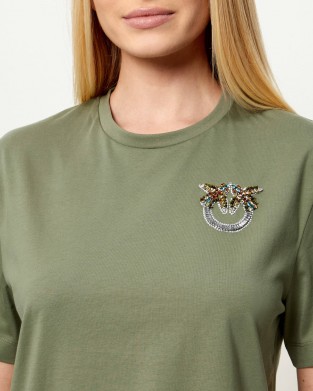 Pinko Strepitoso T-shirt Love Birds Jewel Detail Green Μπλούζα