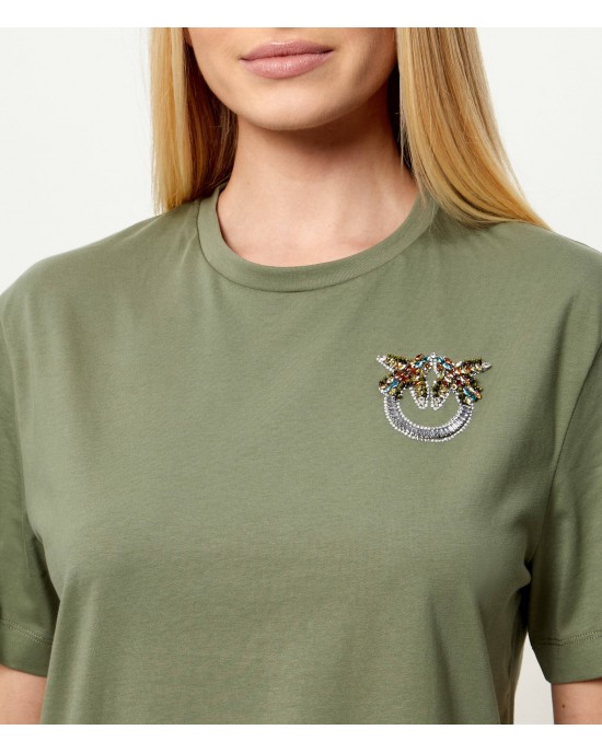 Pinko Strepitoso T-shirt Love Birds Jewel Detail Green Μπλούζα