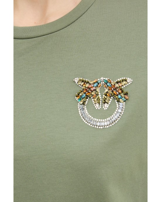 Pinko Strepitoso T-shirt Love Birds Jewel Detail Green Μπλούζα