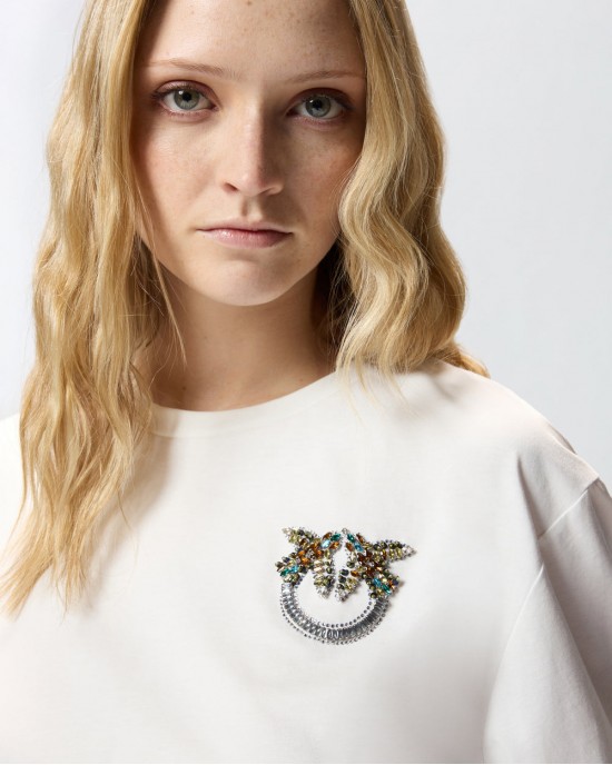 Pinko Strepitoso T-shirt Love Birds Jewel Detail White Μπλούζα