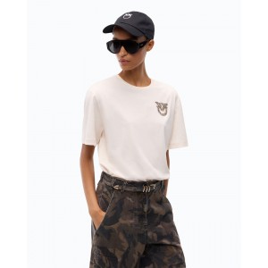 Pinko Strepitoso T-shirt Love Birds Jewel Detail Beige Μπλούζα