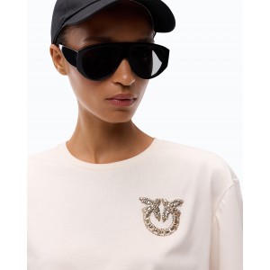 Pinko Strepitoso T-shirt Love Birds Jewel Detail Beige Μπλούζα