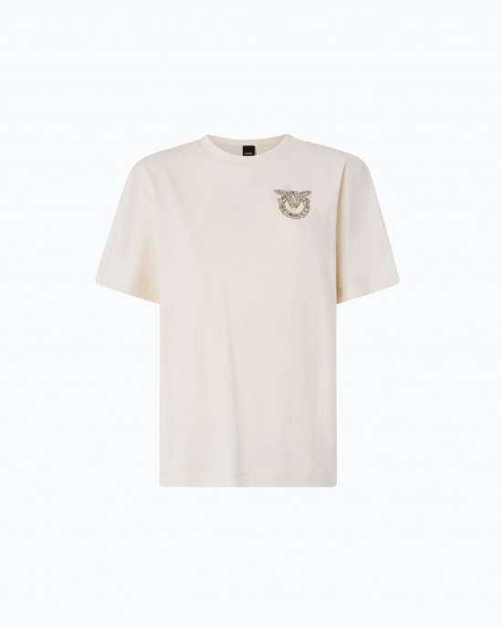 Pinko Strepitoso T-shirt Love Birds Jewel Detail Beige Μπλούζα