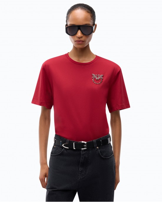 Pinko Strepitoso T-shirt Love Birds Jewel Detail Red Μπλούζα