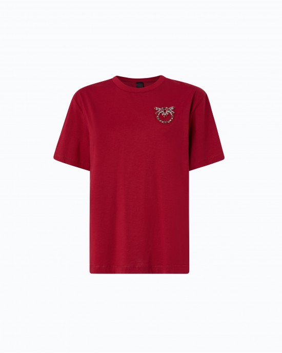 Pinko Strepitoso T-shirt Love Birds Jewel Detail Red Μπλούζα