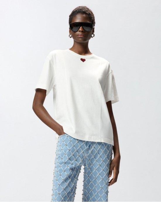 Pinko Tortino T-shirt With Heart Embroidery White Μπλούζα