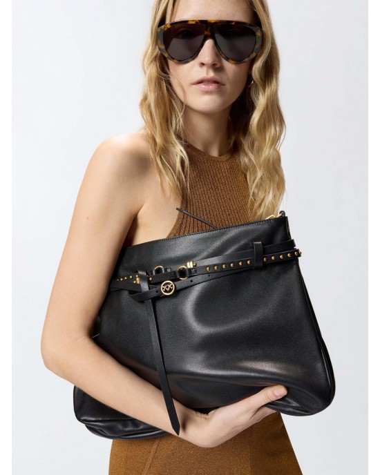 Pinko Belt Bag Big Large Leather Black Τσάντα Ώμου