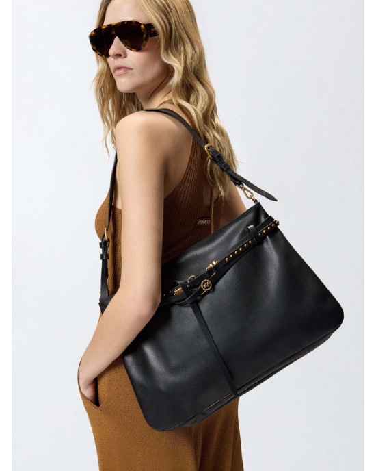 Pinko Belt Bag Big Large Leather Black Τσάντα Ώμου