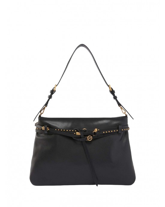 Pinko Belt Bag Big Large Leather Black Τσάντα Ώμου
