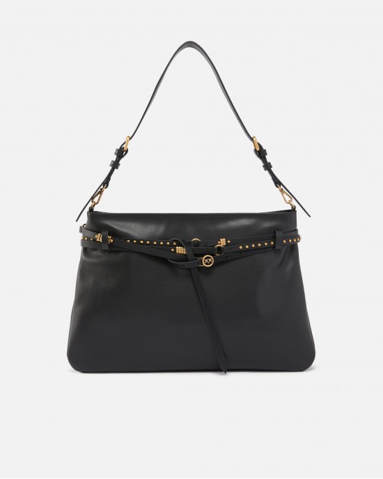 Pinko Belt Bag Big Large Black Leather Τσάντα Ώμου