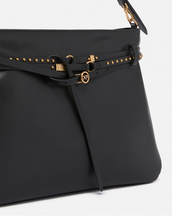 Pinko Belt Bag Big Large Black Leather Τσάντα Ώμου