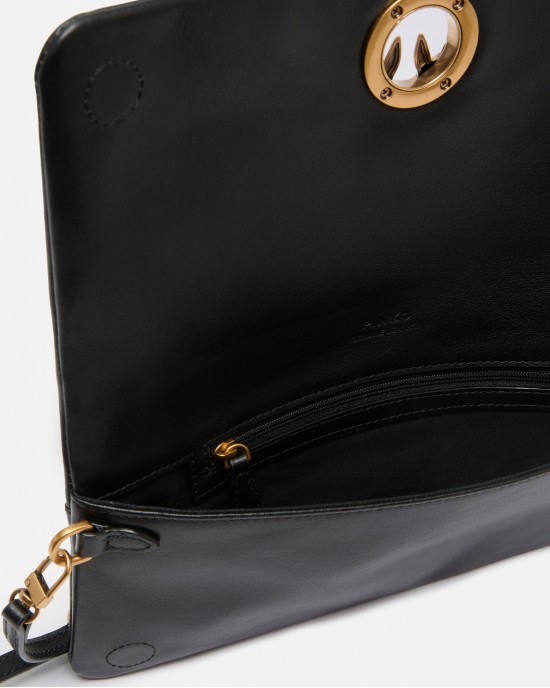 Pinko Love Bag Click Soft Horizontal Medium Crossbody Clutch Leather Black Τσάντα Ώμου