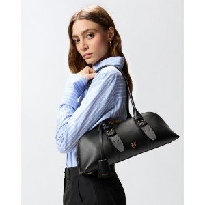 Pinko Bowling Escape Horizontal Large Leather Black Τσάντα Ώμου