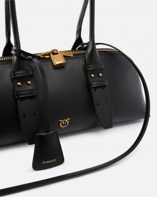 Pinko Bowling Escape Horizontal Large Leather Black Τσάντα Ώμου