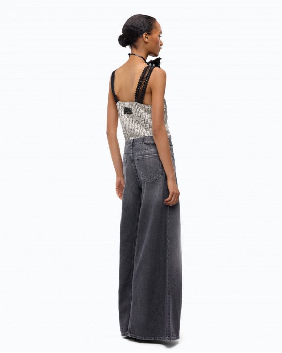 Pinko Winona Wide Leg Flared Black Denim Παντελόνι
